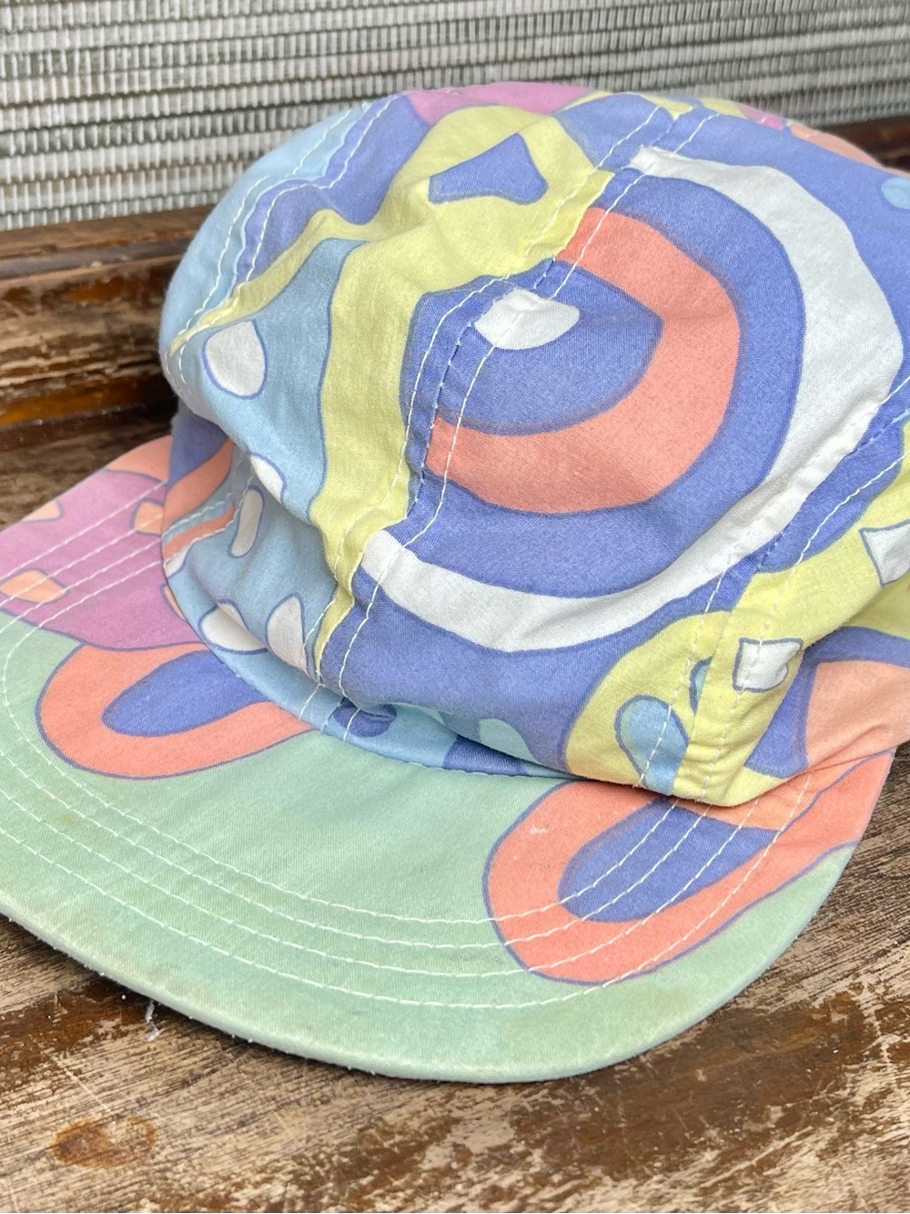 Vintage 80s 90s Abstract Print Painter Cap Pastel Snap Brim Hat Retro Festival - Picture 2 of 13